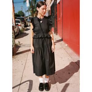 NWT Allina Liu Camilla Black Apron Ruffle Strappy Midi Dress Size Large
